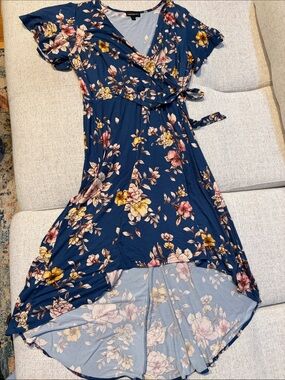 Floral Navy High-Low Wrap Dress with Tie Waist